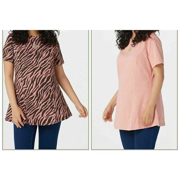 C-262 Denim & Co. Set of Two Fit & Flare Knit Tunics ROSE ZEBRA sz XXS petite - Picture 1 of 1